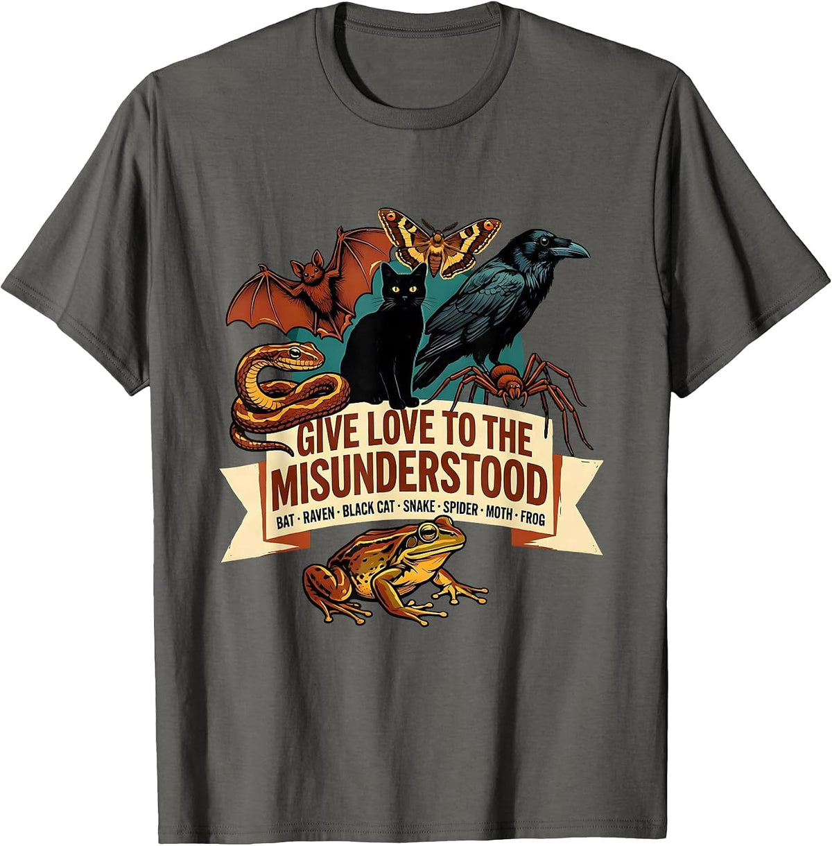 Men's Give Love To The Misunderstood Bat Raven Snake Spider Cat T-Shirt - Asphalt Grey