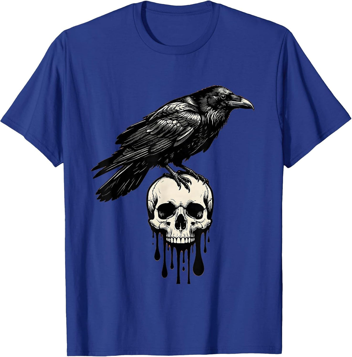 Raven Perched on Dripping Skull Halloween Design T-Shirt - Royal Blue