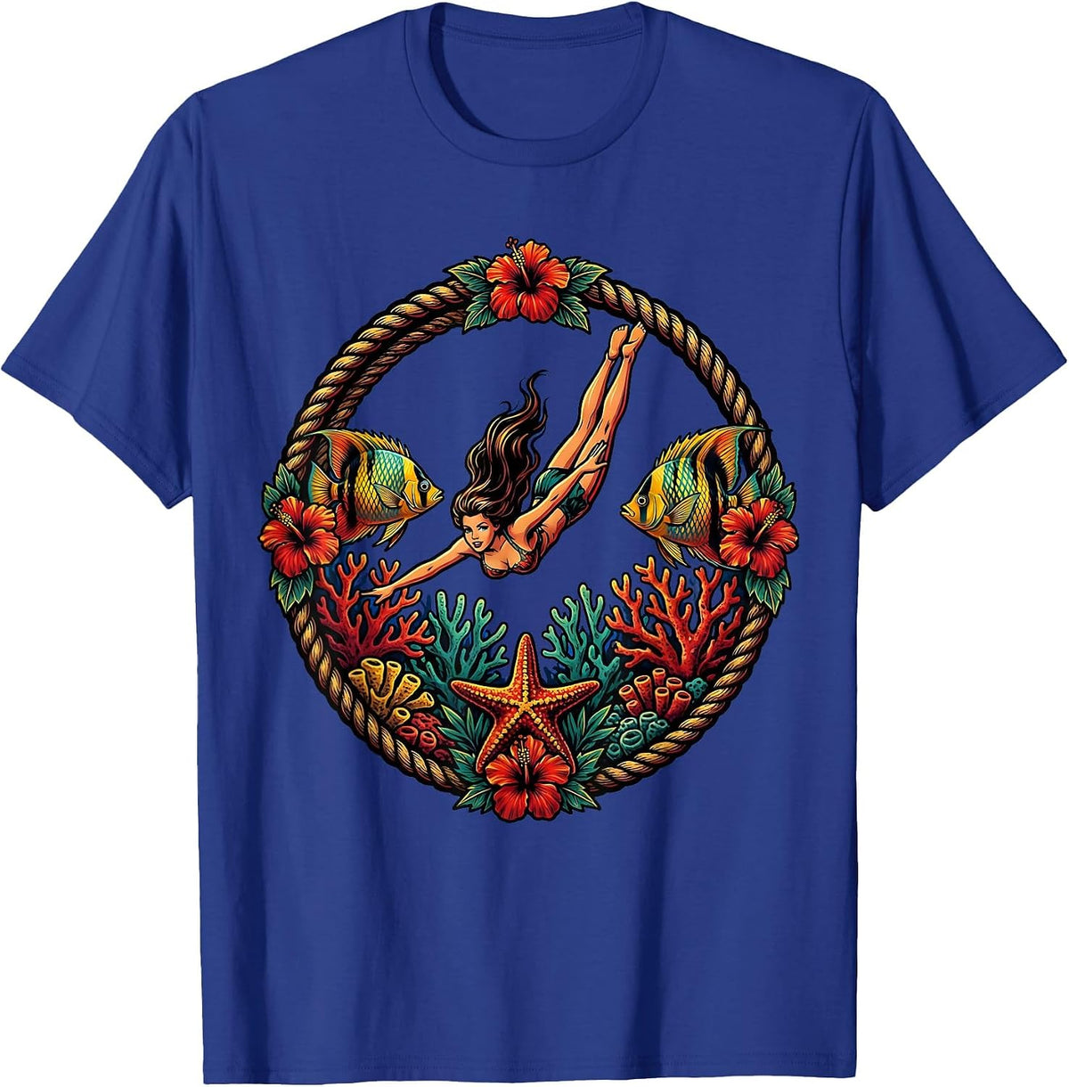 Men's Hawaiian Girl Diving Coral Reef Graphic Design T-Shirt - Royal Blue