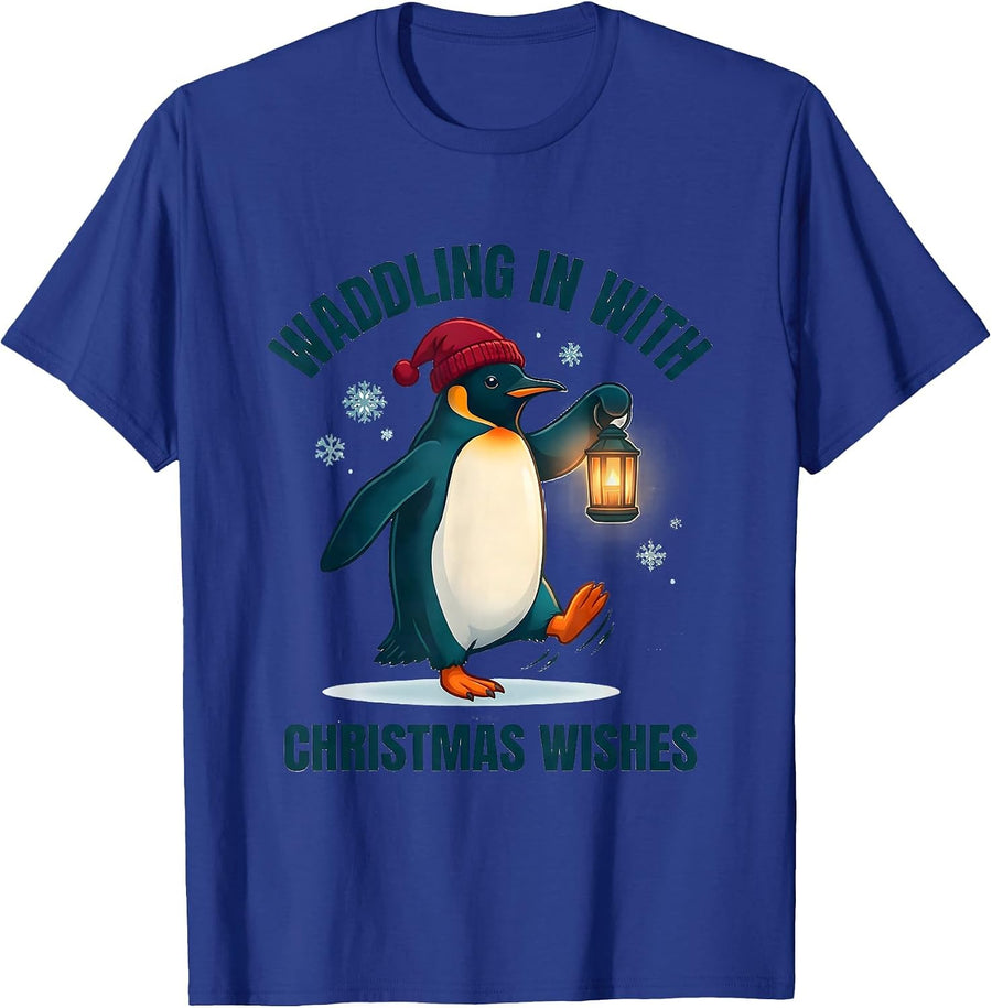 Waddling In With Christmas Wishes Funny Penguin Lover T-Shirt - Royal Blue