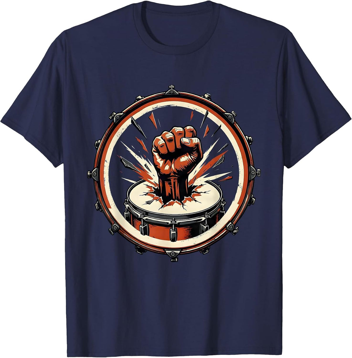 Men's Fist Through Bass Drum Rock Music Graphic T-Shirt - Navy Blue