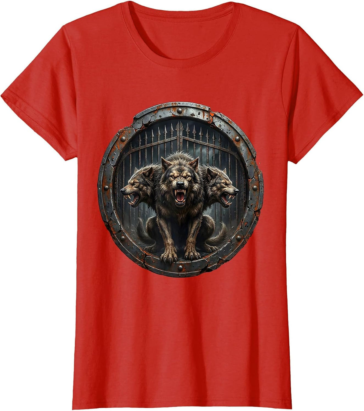 Three-Headed Dog Iron Fortress Gates Heavy Metal T-Shirt - Red