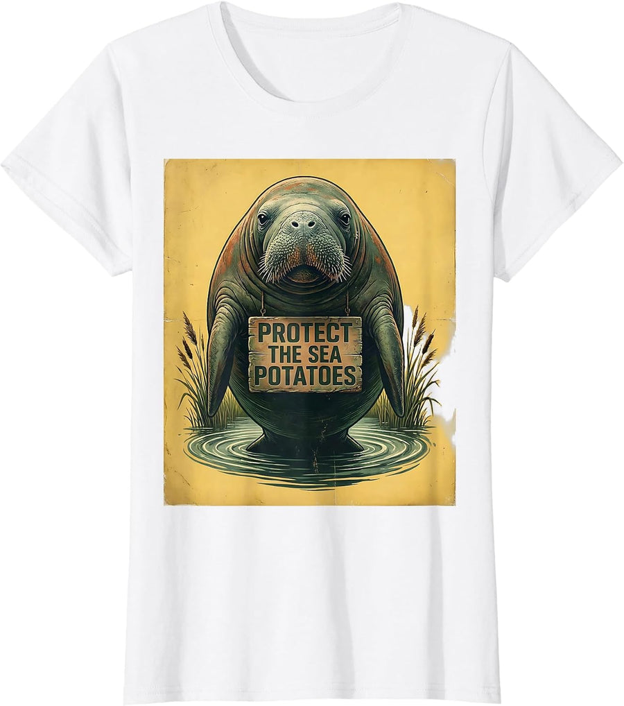 Women's Protect The Sea Potatoes Vintage Manatee Lover Crystal River T-Shirt - White