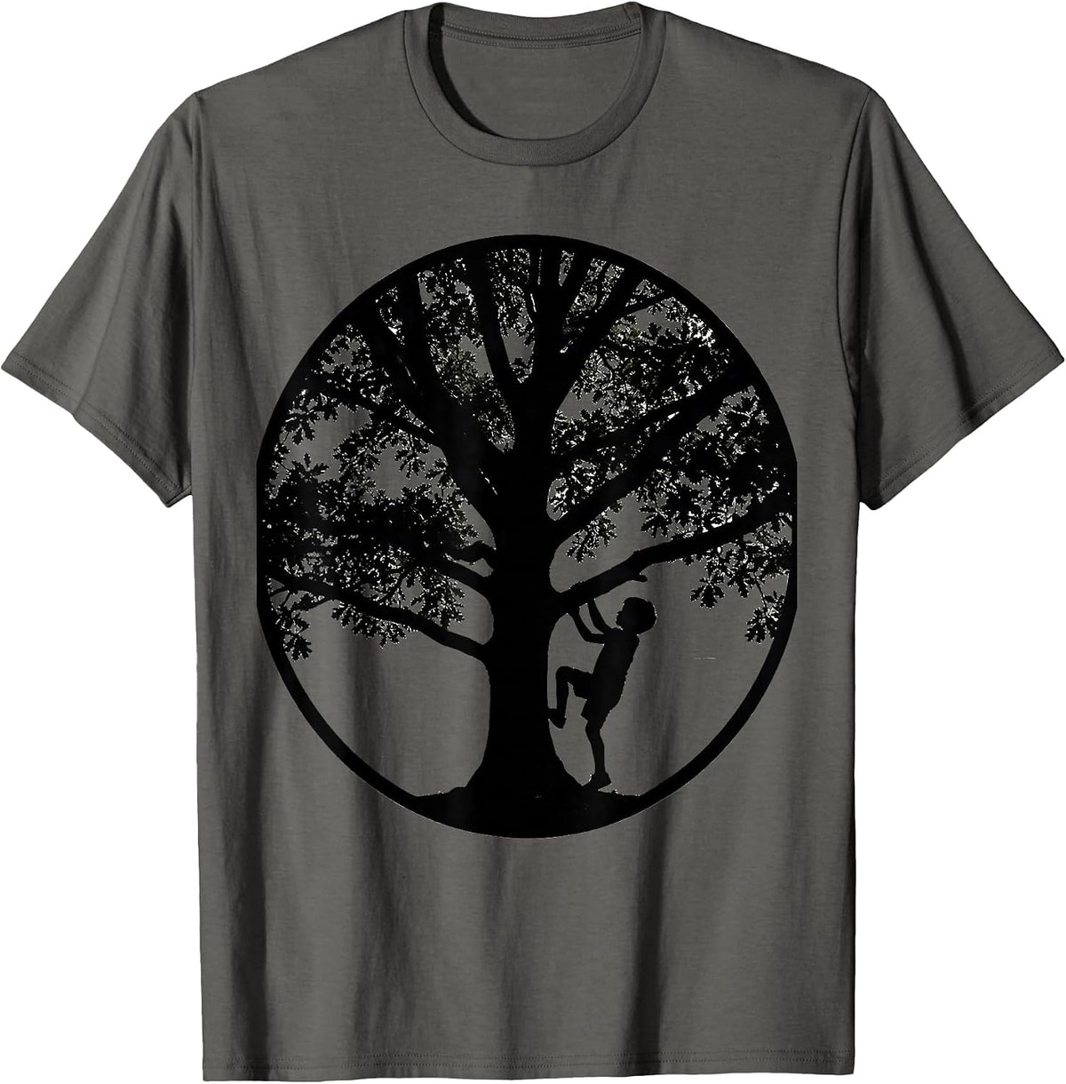 Young Boy Climbing Tall Oak Tree Illustration T-Shirt - Asphalt Grey