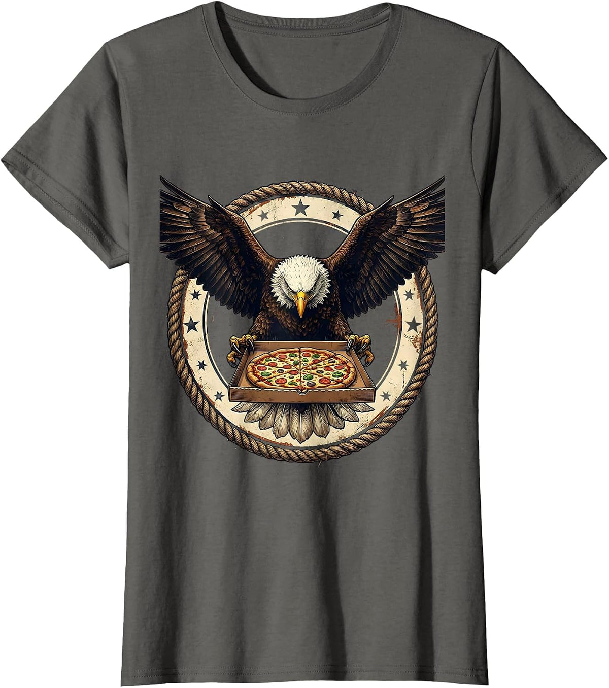 Women's Bald Eagle Pizza Delivery Funny Novelty Graphic Tee T-Shirt - Asphalt Grey