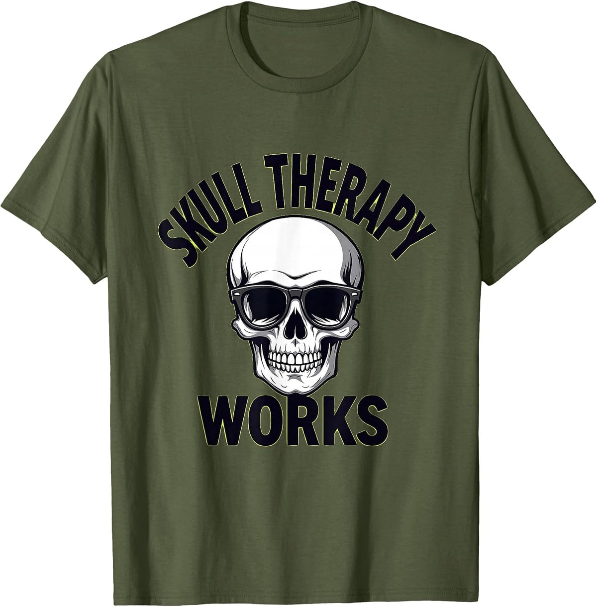 Skull Therapy Works Funny Gothic Skull Design T-Shirt - Olive Green