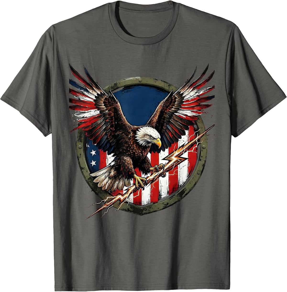 Bald Eagle Lightning Bolt Freedom Graphic Tee T-Shirt - Asphalt Grey