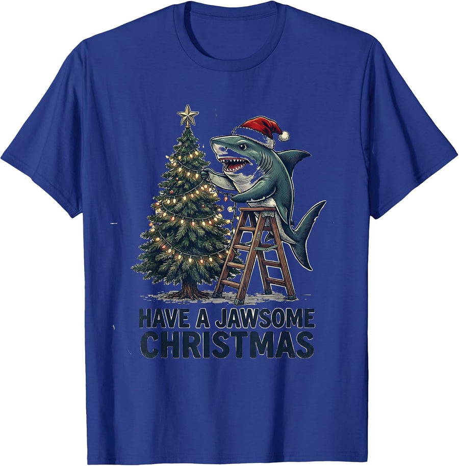Have A Jawsome Christmas Vintage Funny Shark Santa Hat T-Shirt - Royal Blue