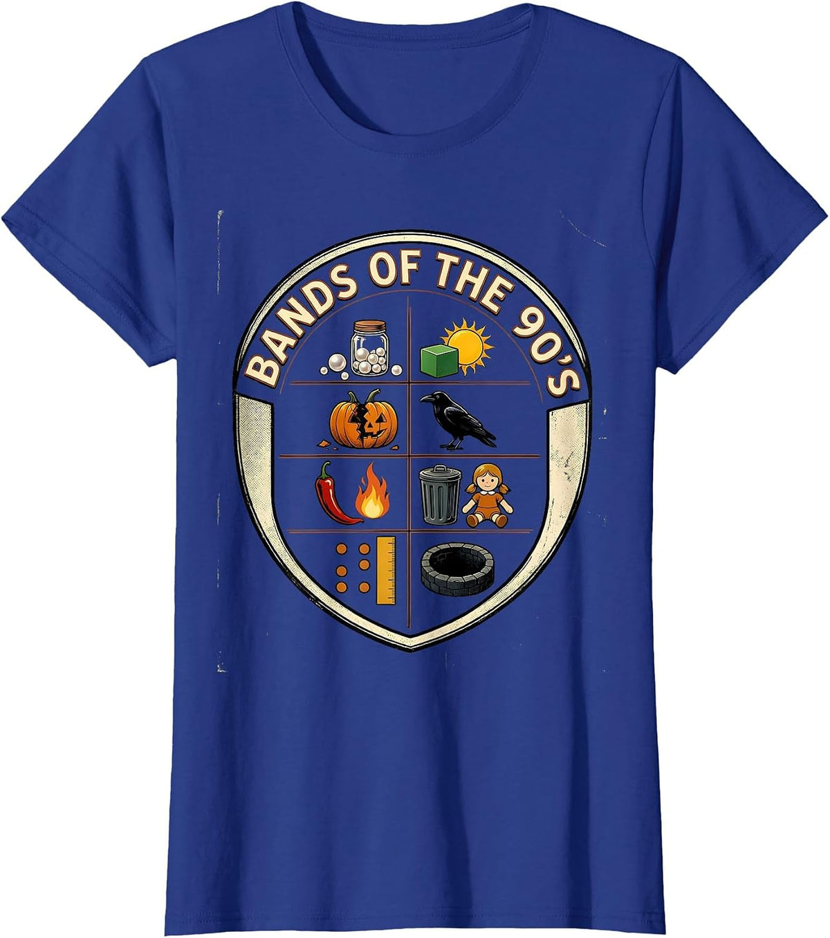 Women's Bands Of The 90's Vintage Retro Music Trivia Rebus Humor T-Shirt - Royal Blue