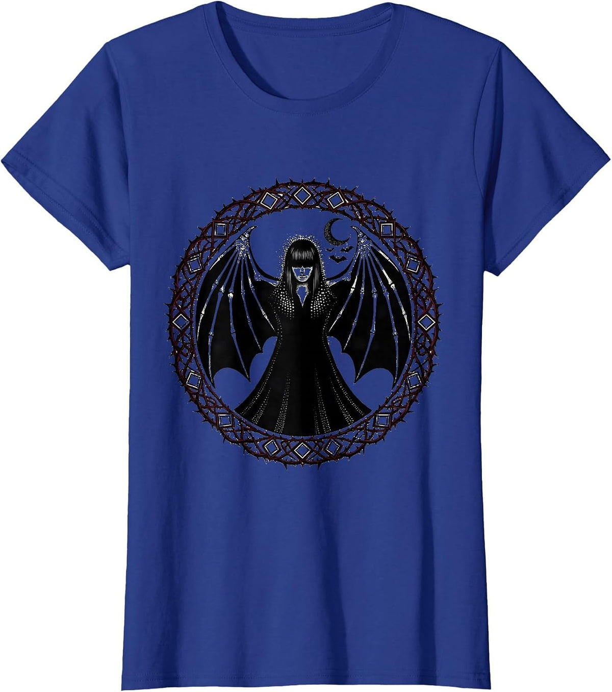Women's Goth Girl Bat Wing Cloak Dark Fantasy Art T-Shirt - Royal Blue