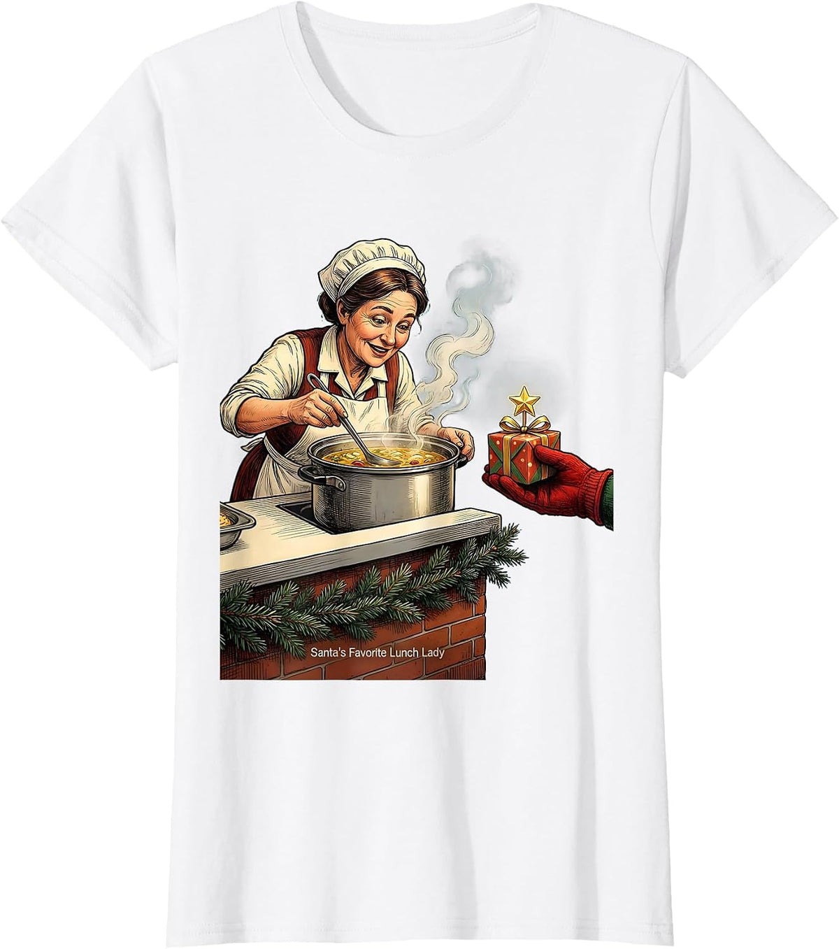 Women's Santa's Favorite Lunch Lady Funny School Staff Christmas T-Shirt - White