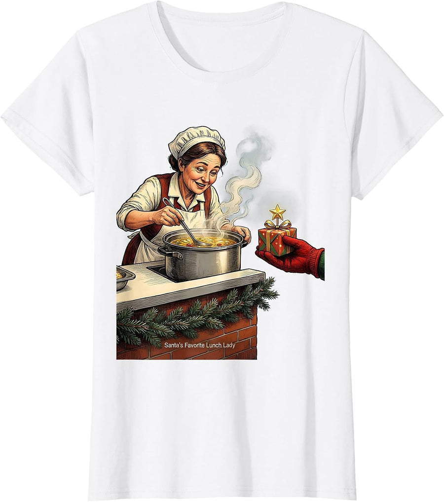 Women's Santa's Favorite Lunch Lady Funny School Staff Christmas T-Shirt - White