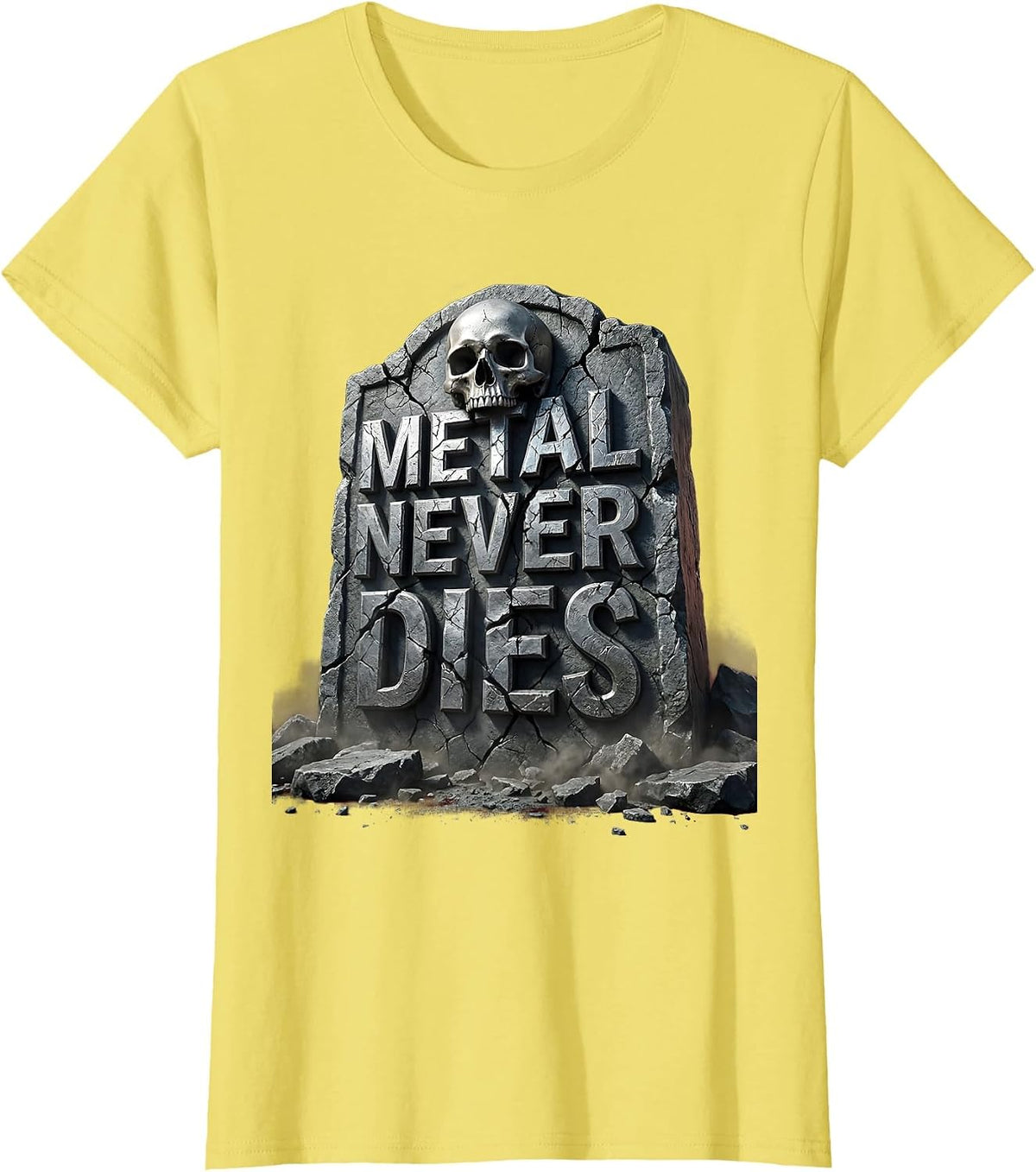 Metal Never Dies Heavy Metal Band Graphic Design T-Shirt - Lemon Yellow