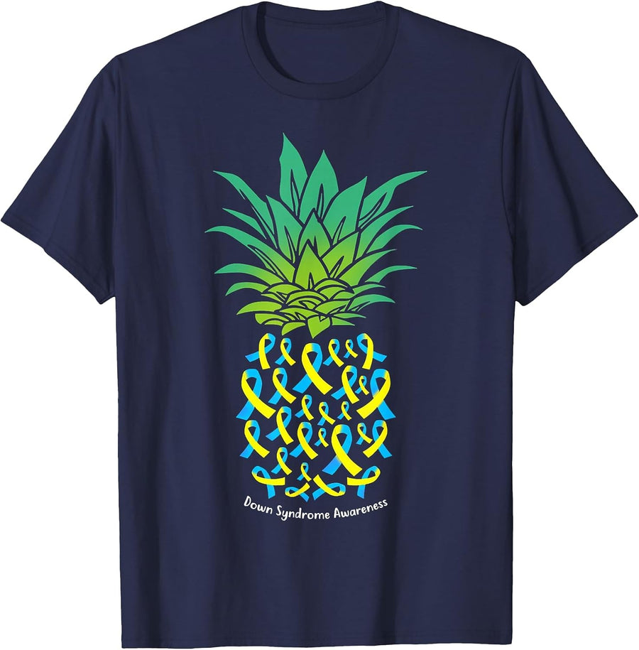 Pineapple Down Syndrome Awareness Tribe 21 Gold Blue Ribbon T-Shirt - Navy Blue