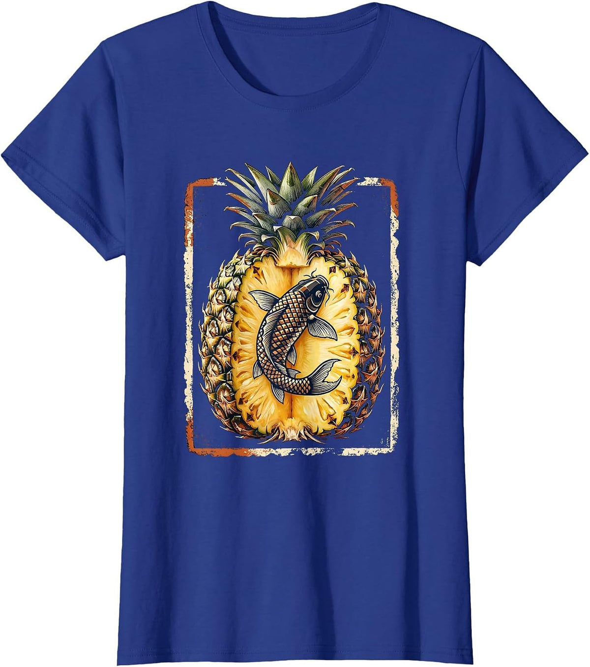 Women's Pineapple Koi Fish Split Fruit Graphic Design T-Shirt - Royal Blue