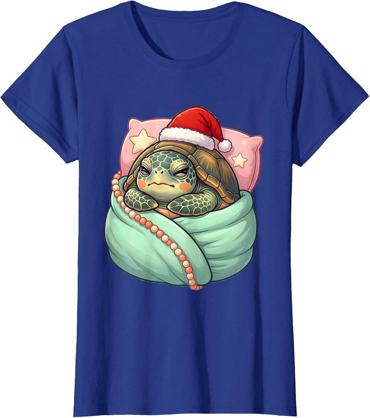 Women's Sea Turtle Santa Hat Cute Kawaii Holiday Pajama T-Shirt - Royal Blue