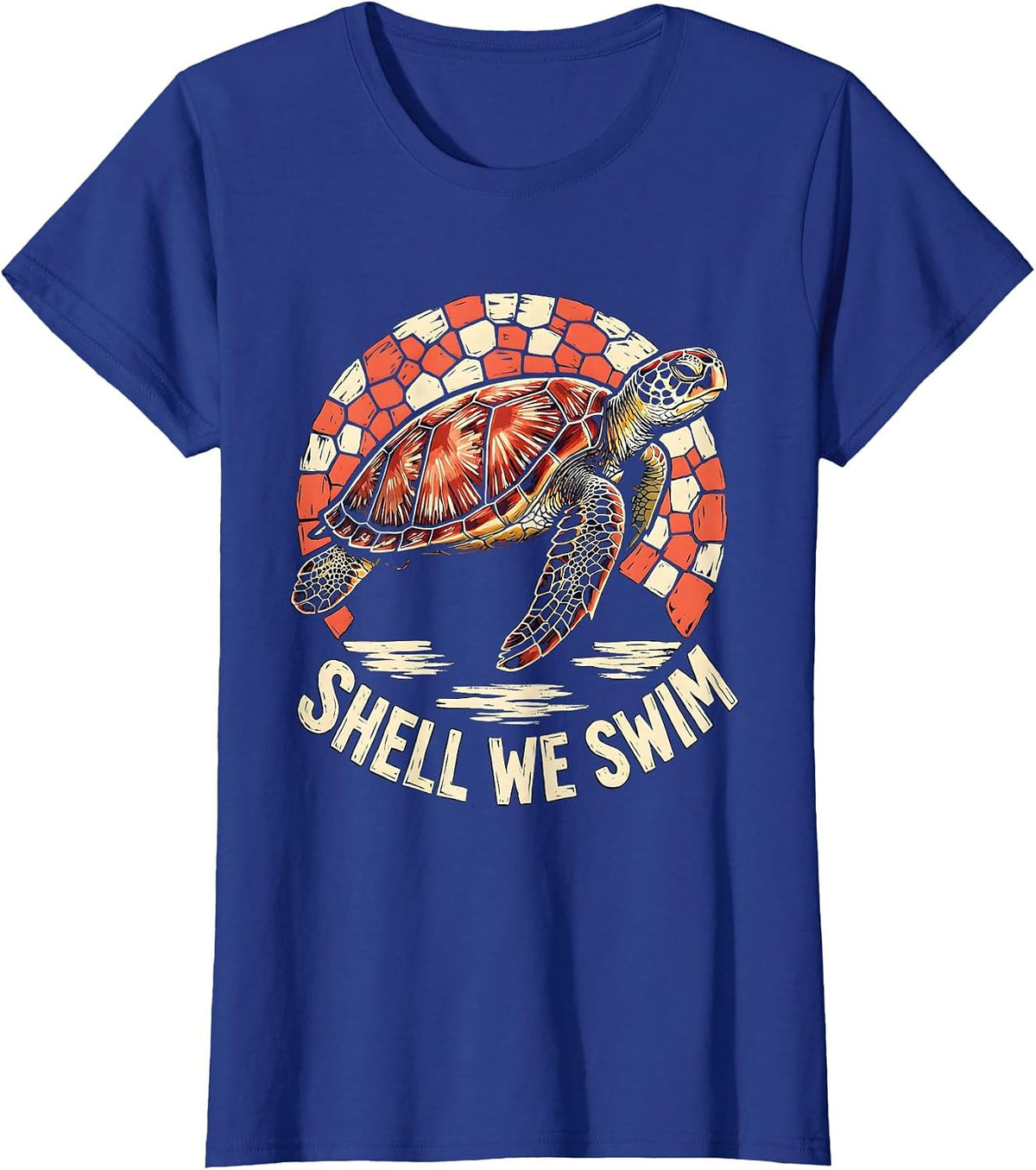 Women's Shell We Swim Linocut Sea Turtle Ocean Animal Lover Tropical T-Shirt - Royal Blue