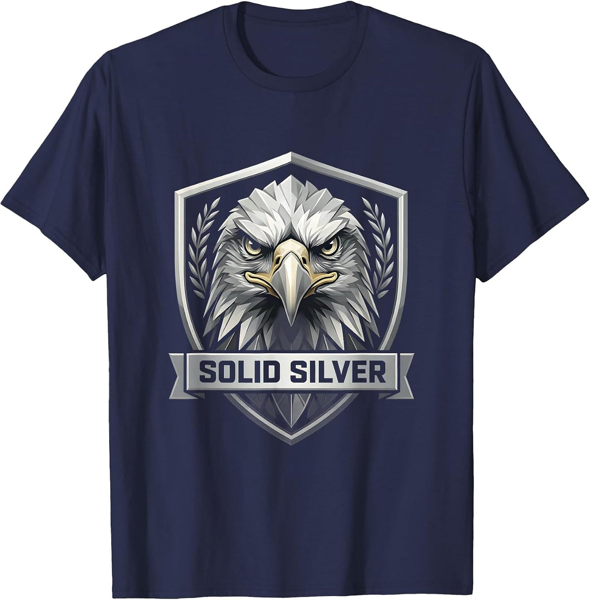 Men's Solid Silver Eagle Shield Emblem Casual Graphic T-Shirt - Navy Blue