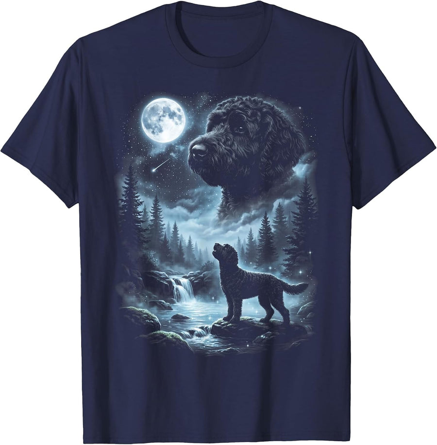 Black Labradoodle Howling to the Moon Retro 90's Doodle Dog T-Shirt - Navy Blue