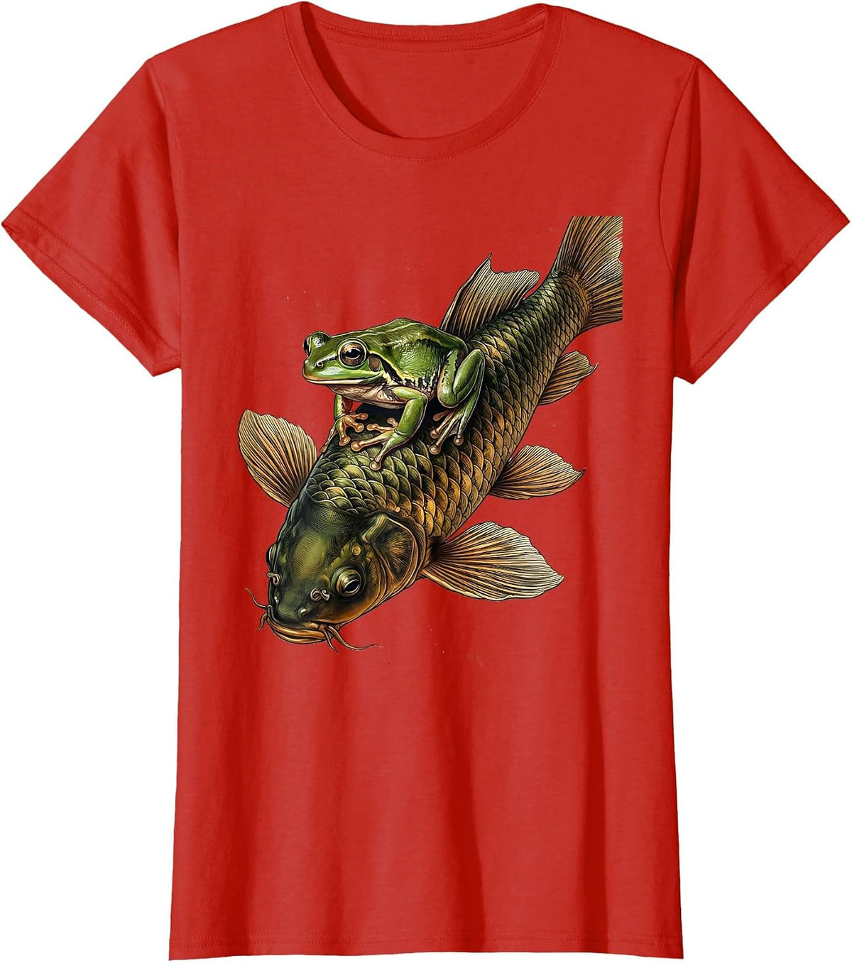 Women's Frog Riding Giant Koi Fish Graphic Tee T-Shirt - Red