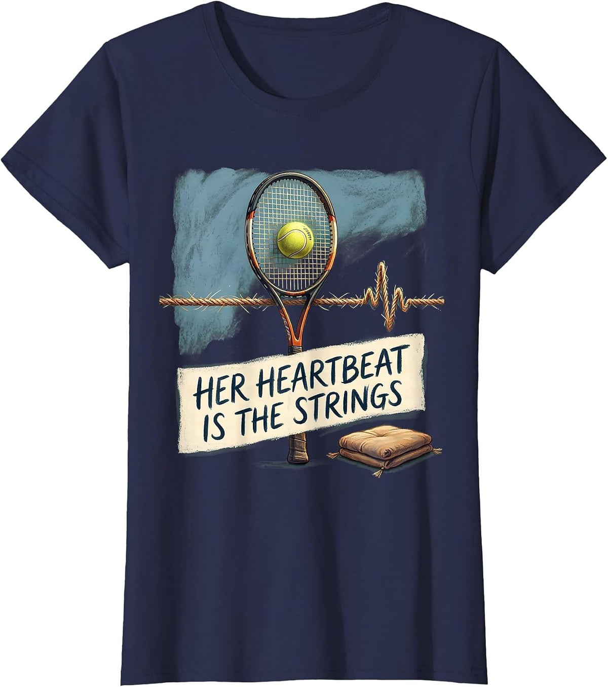 Women's Her Heartbeat Is The Strings Storybook Tennis Lover Gift T-Shirt - Navy Blue