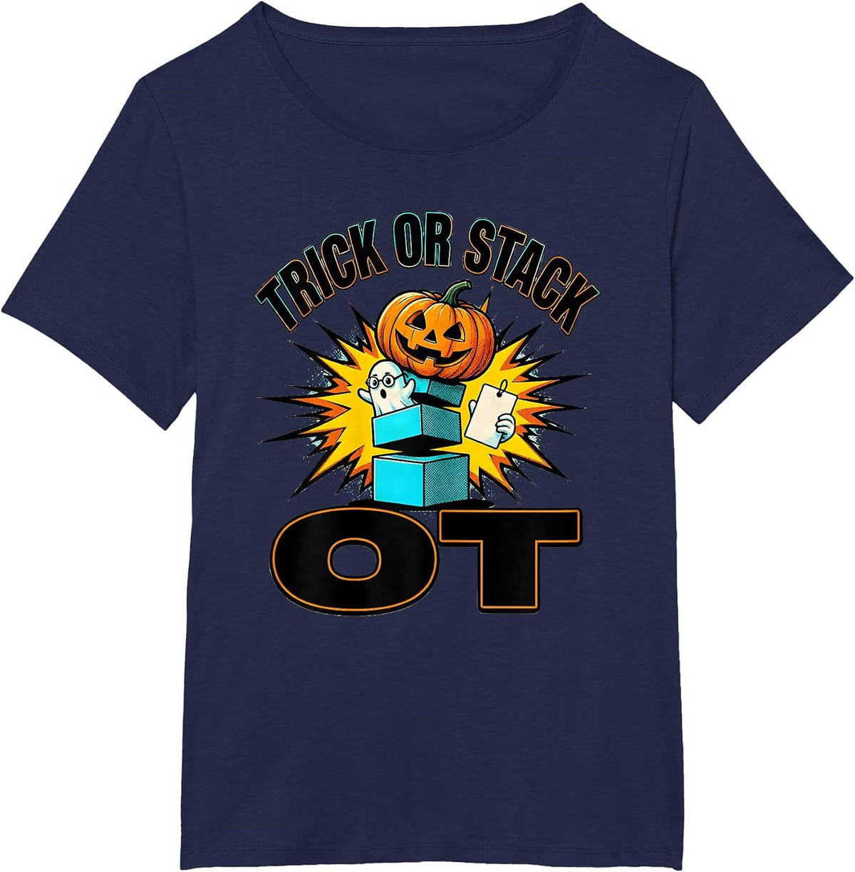 Women's Trick Or Stack OT Pop Art Occupational Therapist Halloween T-Shirt - Navy Blue