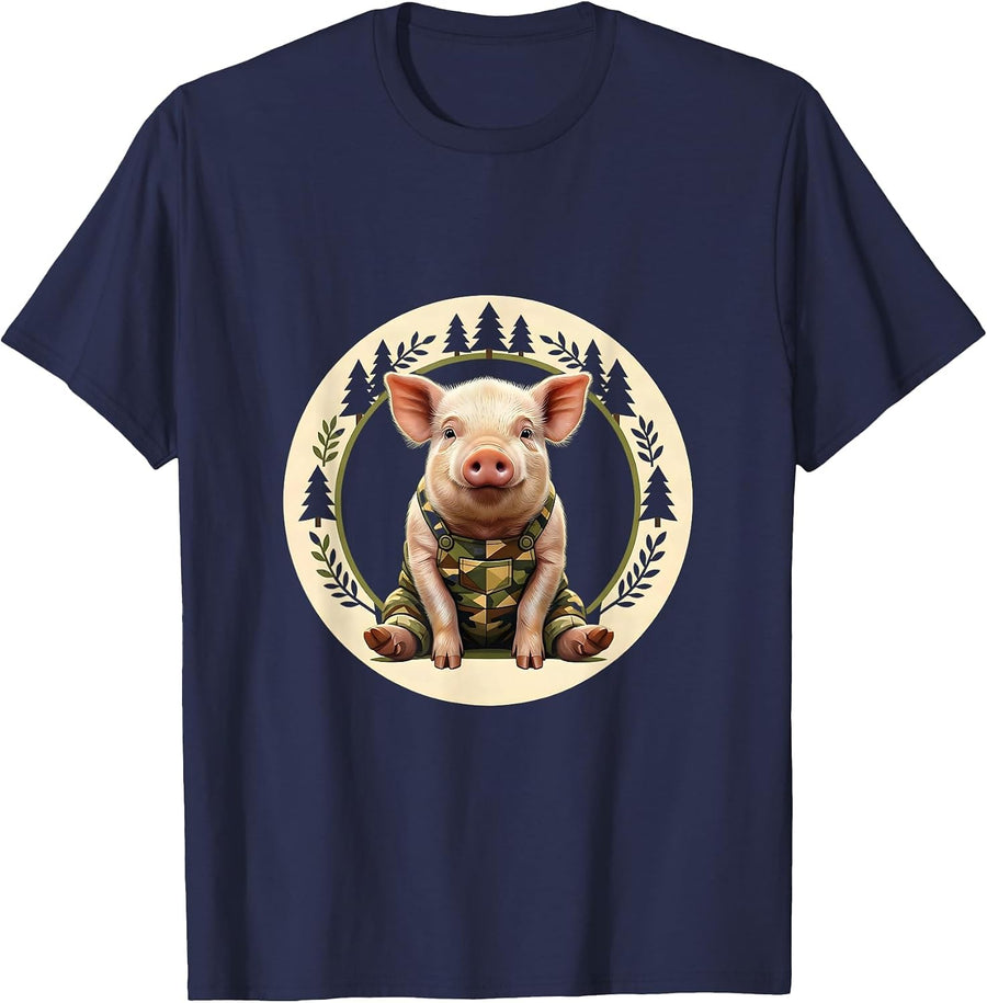 Cute Baby Piglet Camo Overalls Toddler Design T-Shirt - Navy Blue