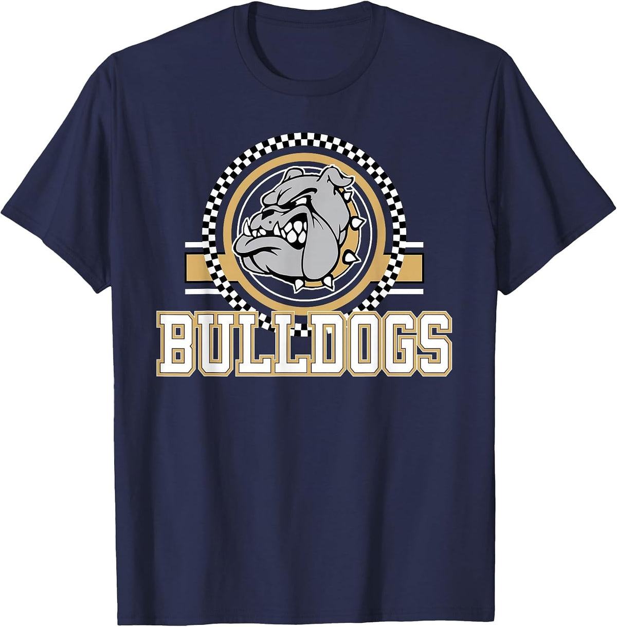 Bulldogs Checkered Print Logo Gold Bulldog Mascot School T-Shirt - Navy Blue