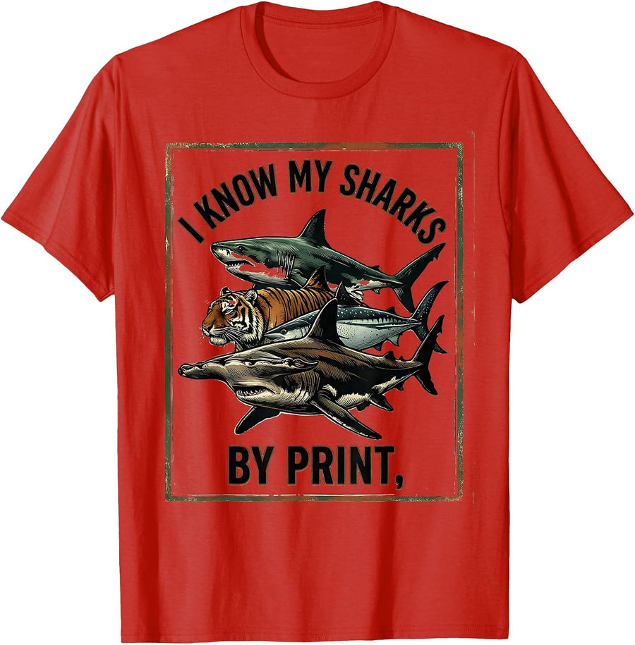 Men's I Know My Sharks By Print Vintage Shark Lover Ocean Wildlife T-Shirt - Red