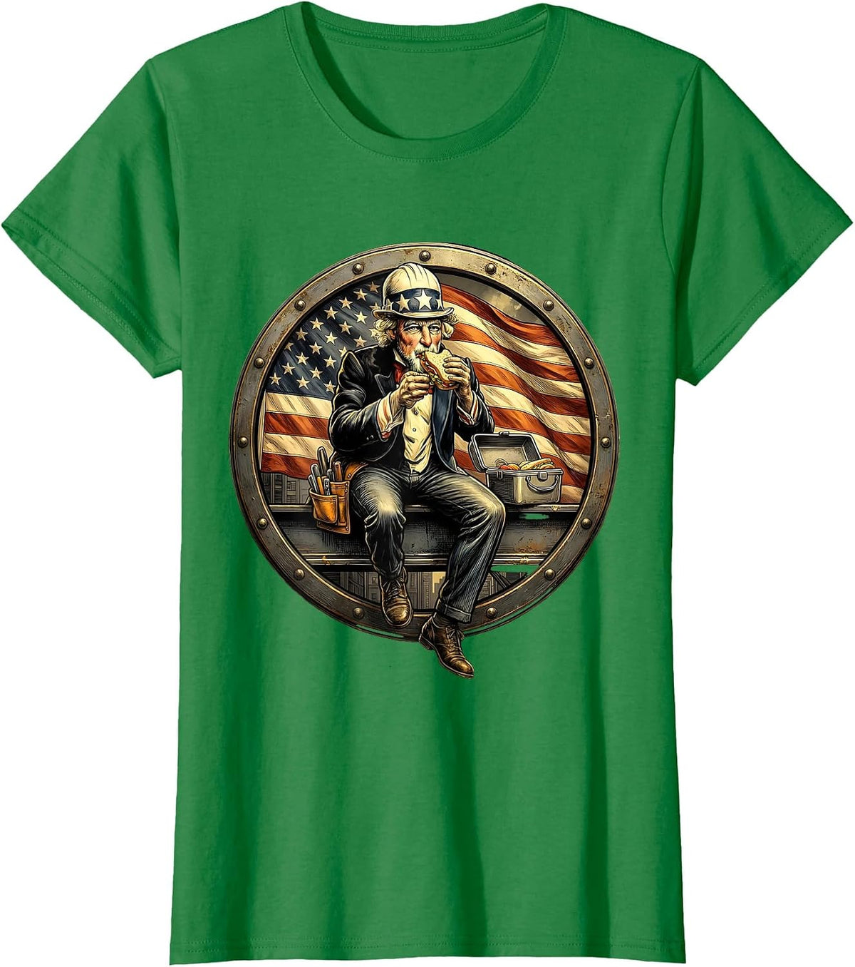 American Flag Construction Worker Steel Beam Tee T-Shirt - Kelly Green