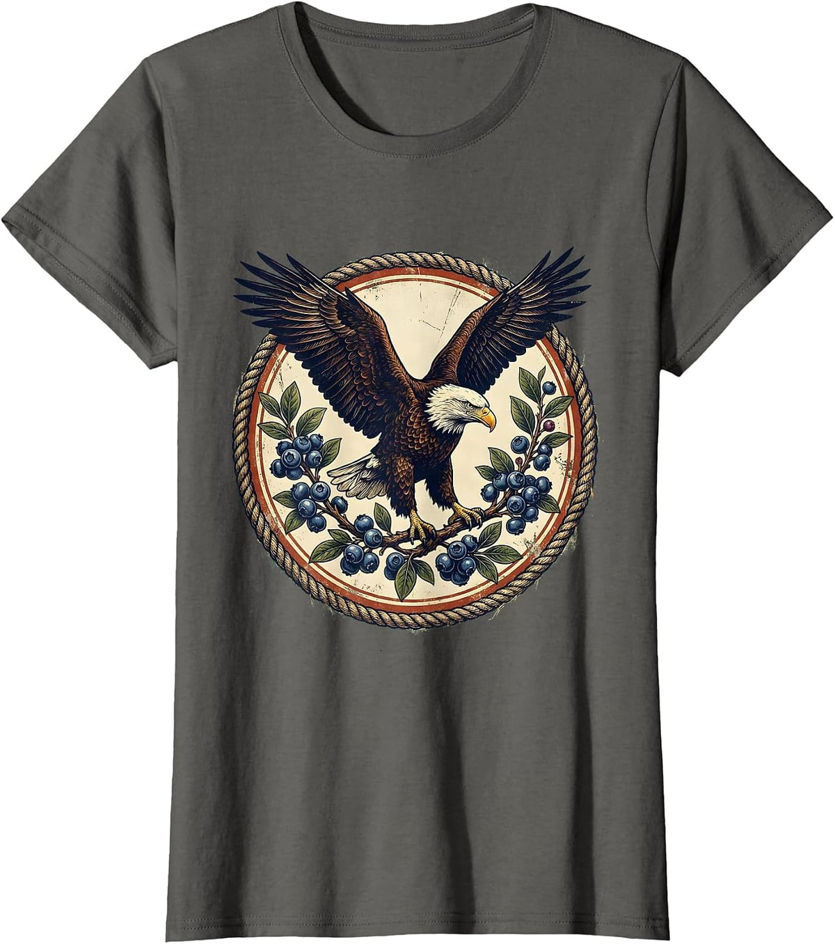 Women's Bald Eagle Blueberry Branch Patriotic Art T-Shirt - Asphalt Grey
