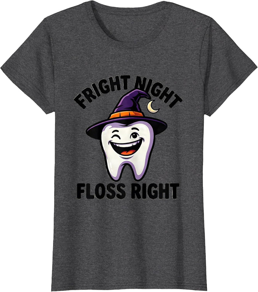 Women's Fright Night Floss Right Funny Dental Hygienist Halloween T-Shirt - Dark Heather Grey