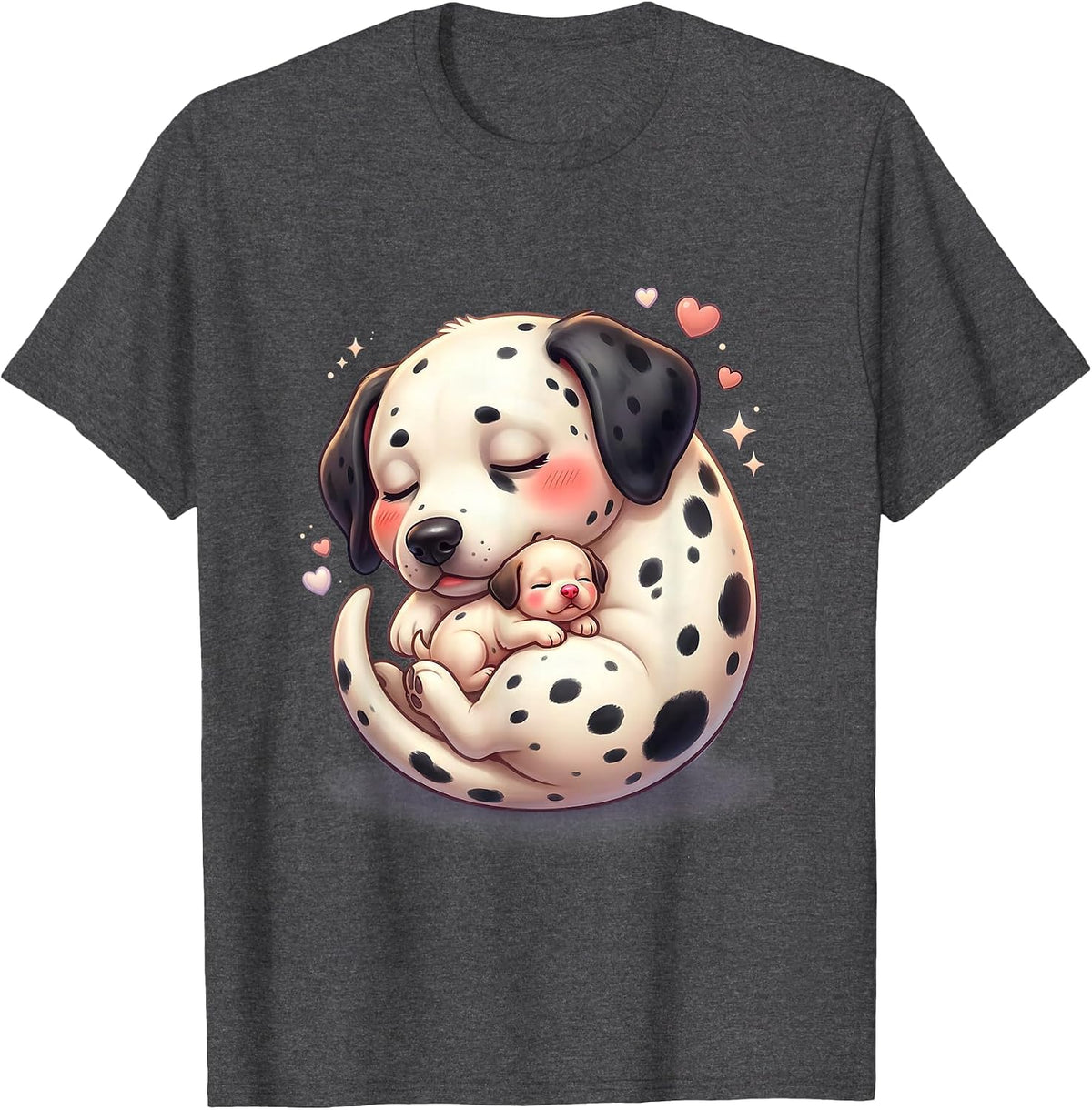 Men's Dalmatian Mom Curled Around Sleeping Newborn Puppy T-Shirt - Dark Heather Grey