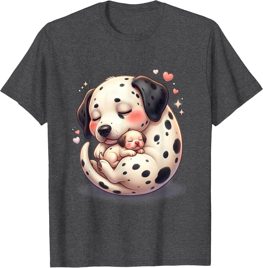 Men's Dalmatian Mom Curled Around Sleeping Newborn Puppy T-Shirt - Dark Heather Grey