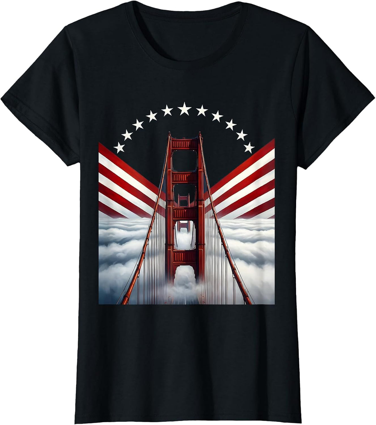 Golden Gate Bridge Foggy Dusk Illustration T-Shirt - Black