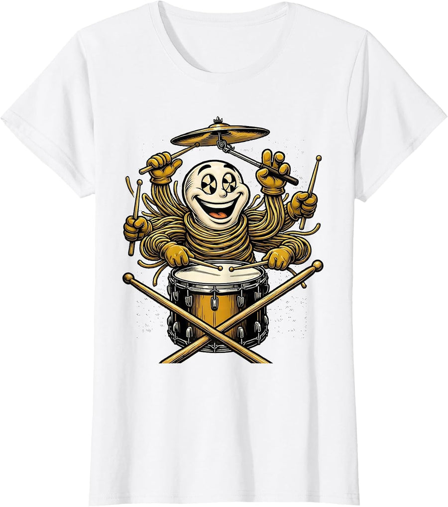 Women's Retro Cartoon Drummer Humor Drumline Percussionist T-Shirt - White