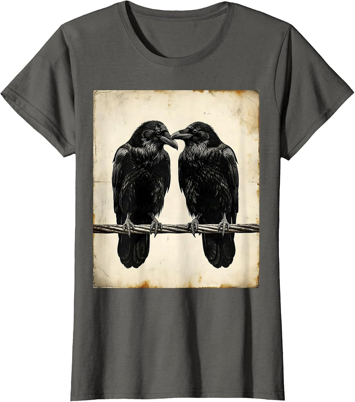 Women's Two Ravens on a Wire Facing Each Other T-Shirt - Asphalt Grey