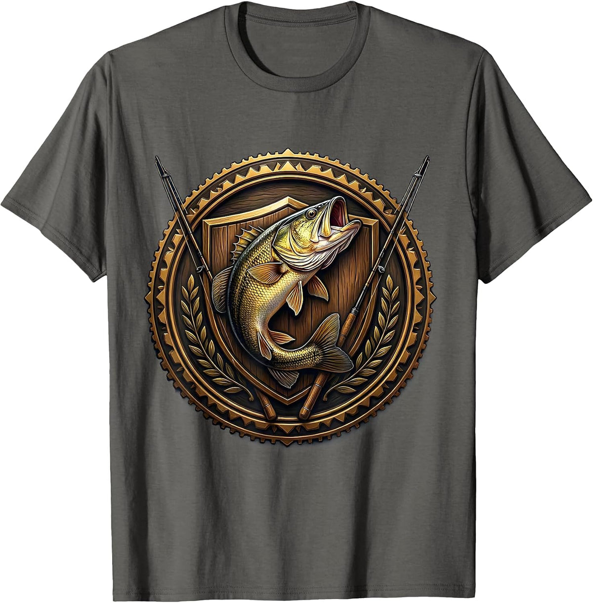 Trophy Bass Mounted on Plaque Fishing Graphic T-Shirt - Asphalt Grey