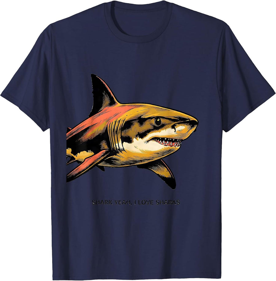 Shark Yeah I Love Sharks Funny Ocean Wildlife Enthusiast T-Shirt - Navy Blue