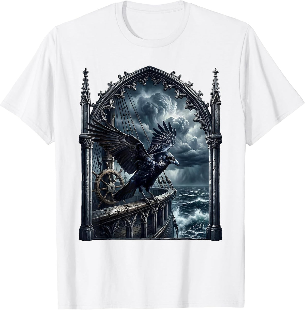 Men's Raven on Ship Railing Stormy Dusk Pirate Design T-Shirt - White