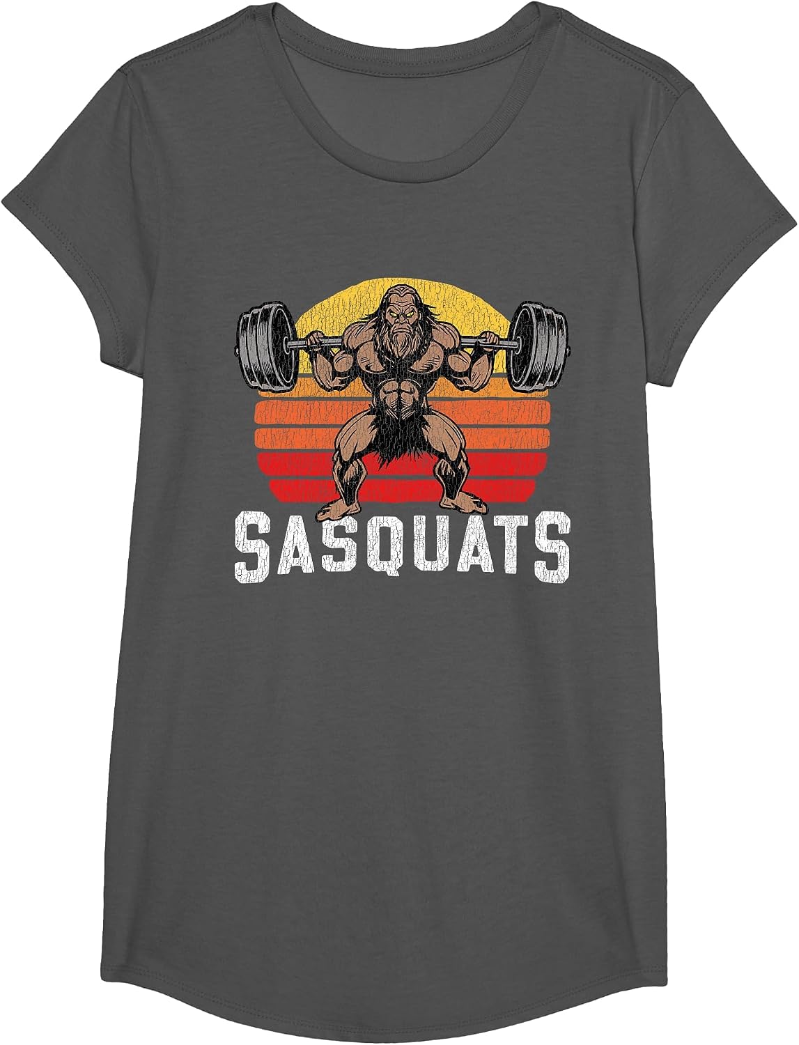 Sasquats Leg Day Weightlifting Bigfoot Squat Distressed 80s T-Shirt - Girls Asphalt Grey