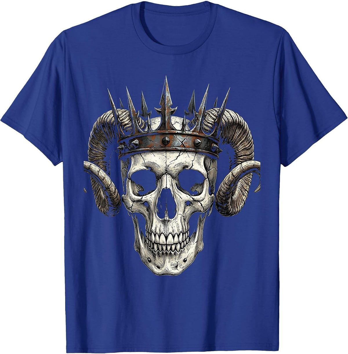 Skull Iron Crown and Horns Metal Art Design T-Shirt - Royal Blue