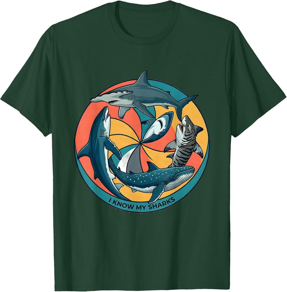 Men's I Know My Sharks Funny Shark Lover Ocean Wildlife Humor T-Shirt - Dark Green