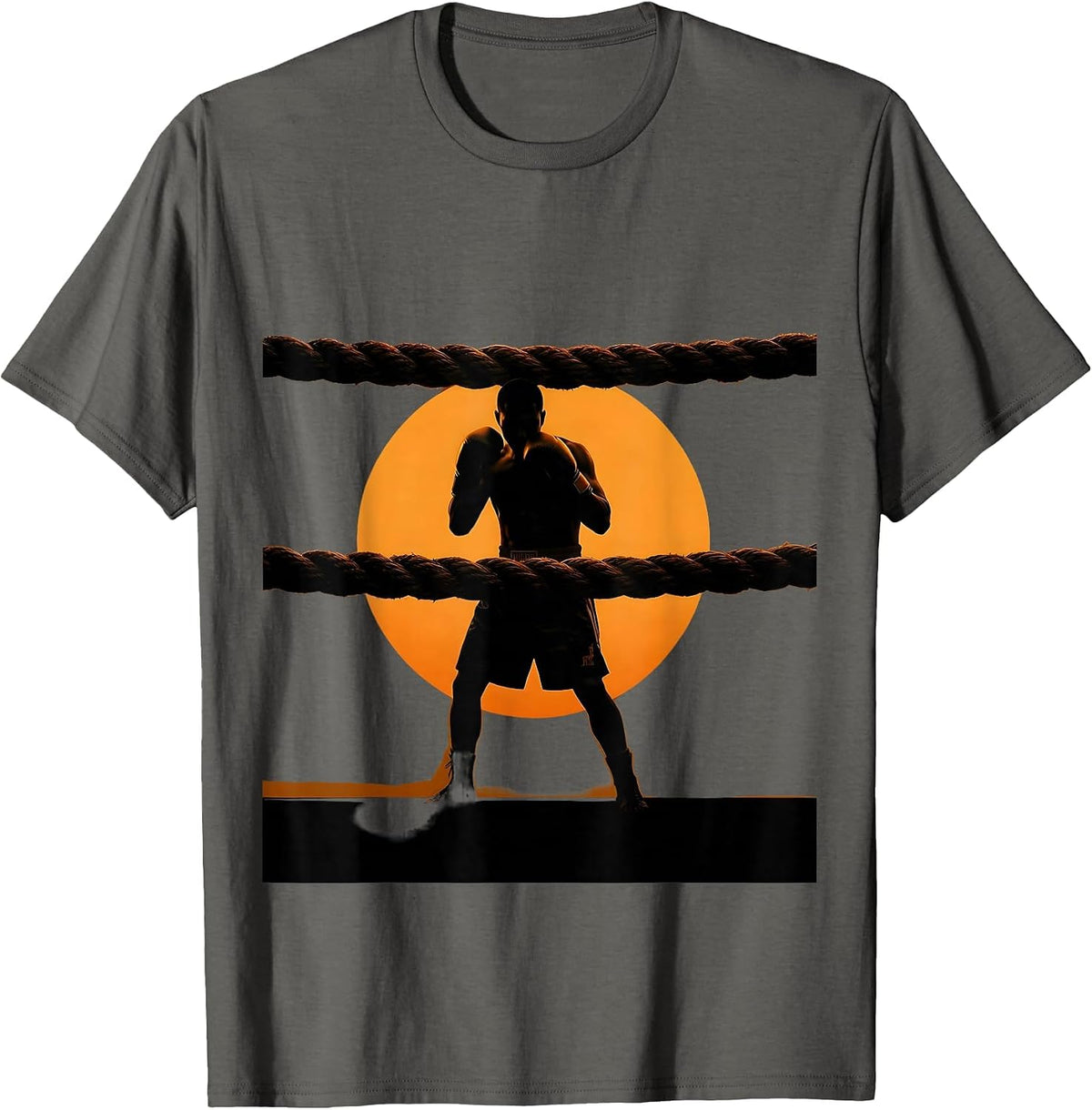 Boxing Fighter Silhouette Sunset Through The Ropes T-Shirt - Asphalt Grey