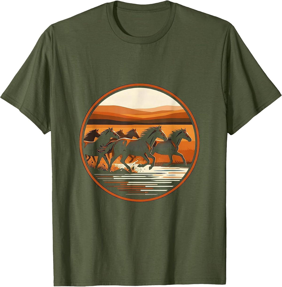 Wild Horse Herd Stampede River Crossing Illustration T-Shirt - Olive Green