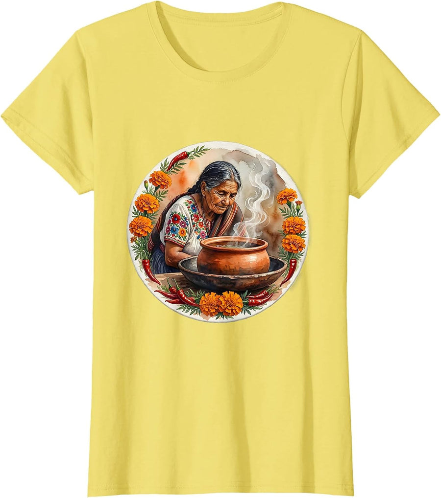 Mexican Grandmother Clay Pot Cooking Illustration T-Shirt - Lemon Yellow