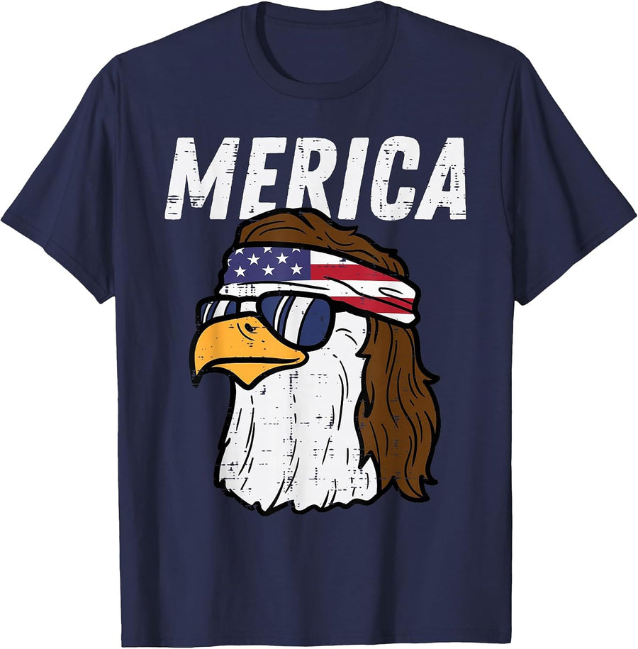 Merica Bald Eagle Mullet Sunglasses Fourth July 4th Patriot T-Shirt - Navy Blue