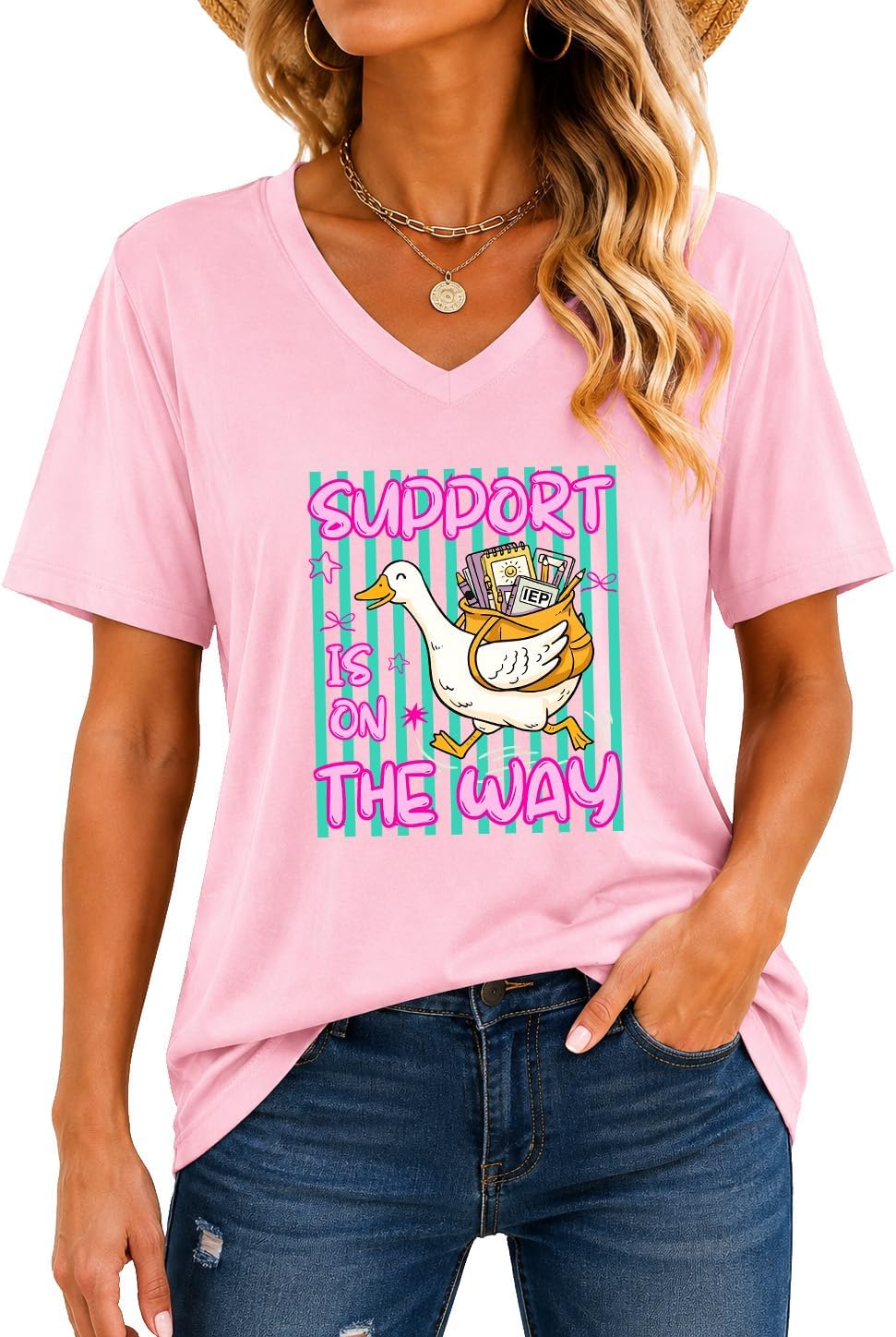 Support is On The Way Cute Goose Tshirt SPED Special Education Teacher Tee - V-Neck Pink-vneck