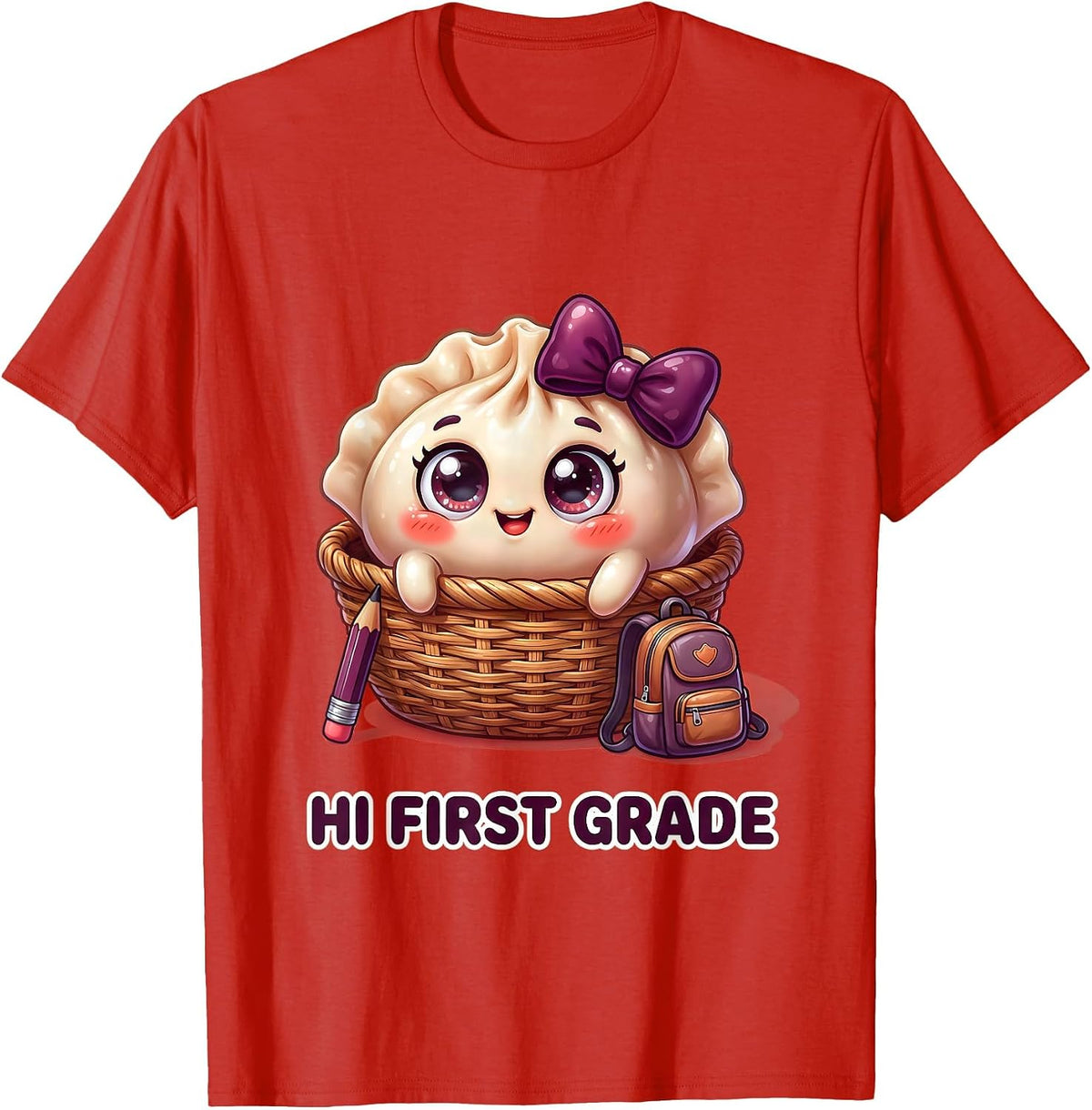 Hi First Grade Cute Dumpling Back to School Girl Teacher T-Shirt - Red