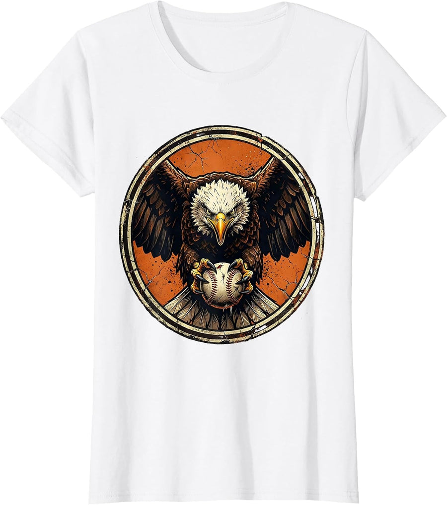 Women's Eagle Clutching Baseball Graphic Tee T-Shirt - White